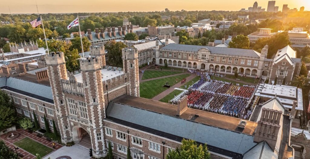 Aerial view of Convocation in Brookings Quadrangle.